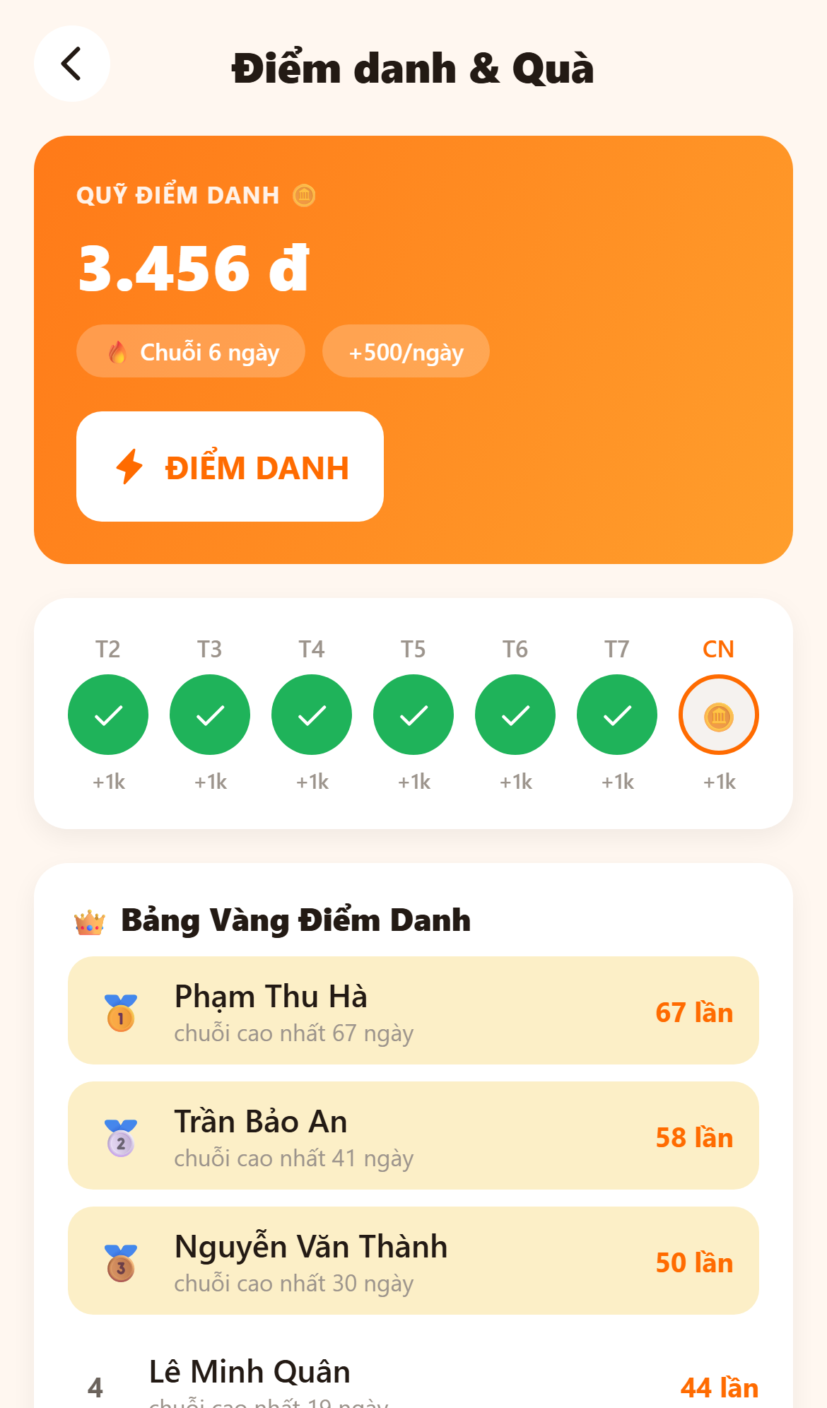 Điểm danh và nhiệm vụ mỗi ngày