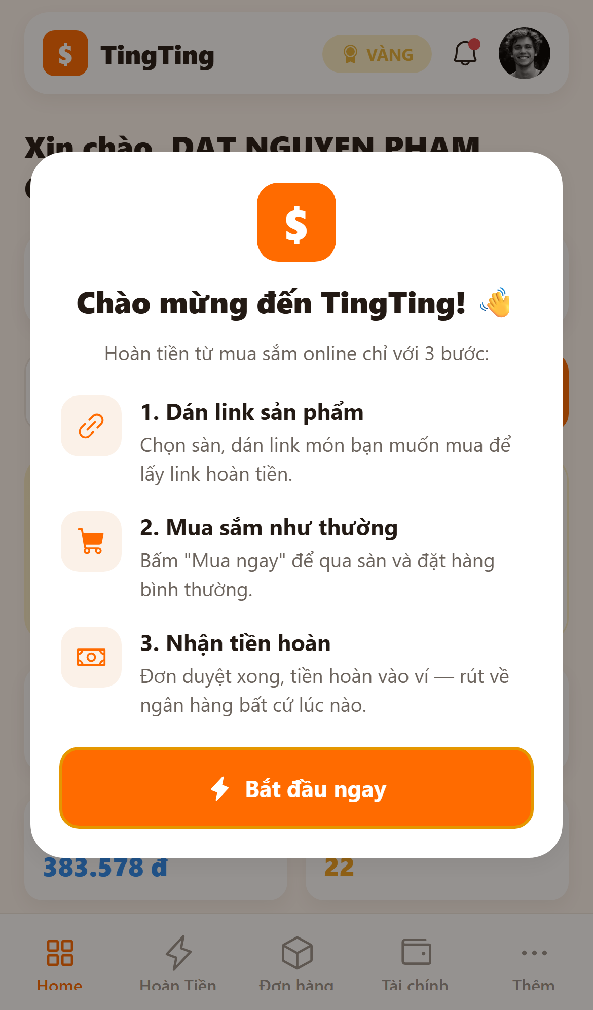 Màn hình chính TingTing: dán link hoàn tiền